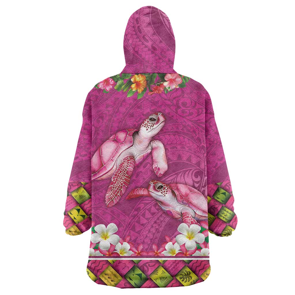 Hawaiian Lei Turtle and Plumeria Wearable Blanket Hoodie Polynerian Art Tattoo-Plum Pink Color