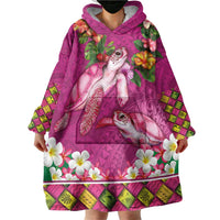 Hawaiian Lei Turtle and Plumeria Wearable Blanket Hoodie Polynerian Art Tattoo-Plum Pink Color