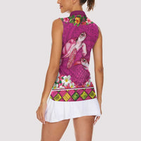Hawaiian Lei Turtle and Plumeria Women Sleeveless Polo Shirt Polynerian Art Tattoo-Plum Pink Color