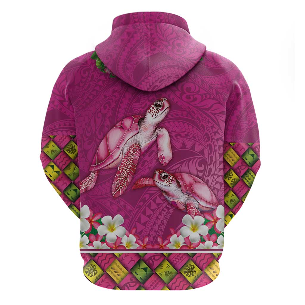 Hawaiian Lei Turtle and Plumeria Zip Hoodie Polynerian Art Tattoo-Plum Pink Color