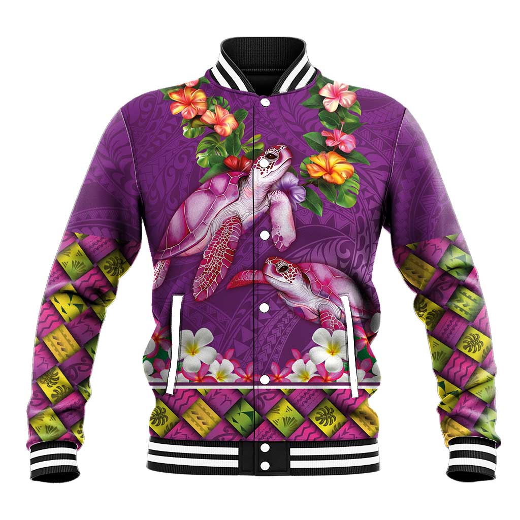 Hawaiian Lei Turtle and Plumeria Baseball Jacket Polynerian Art Tattoo-Mauve Color