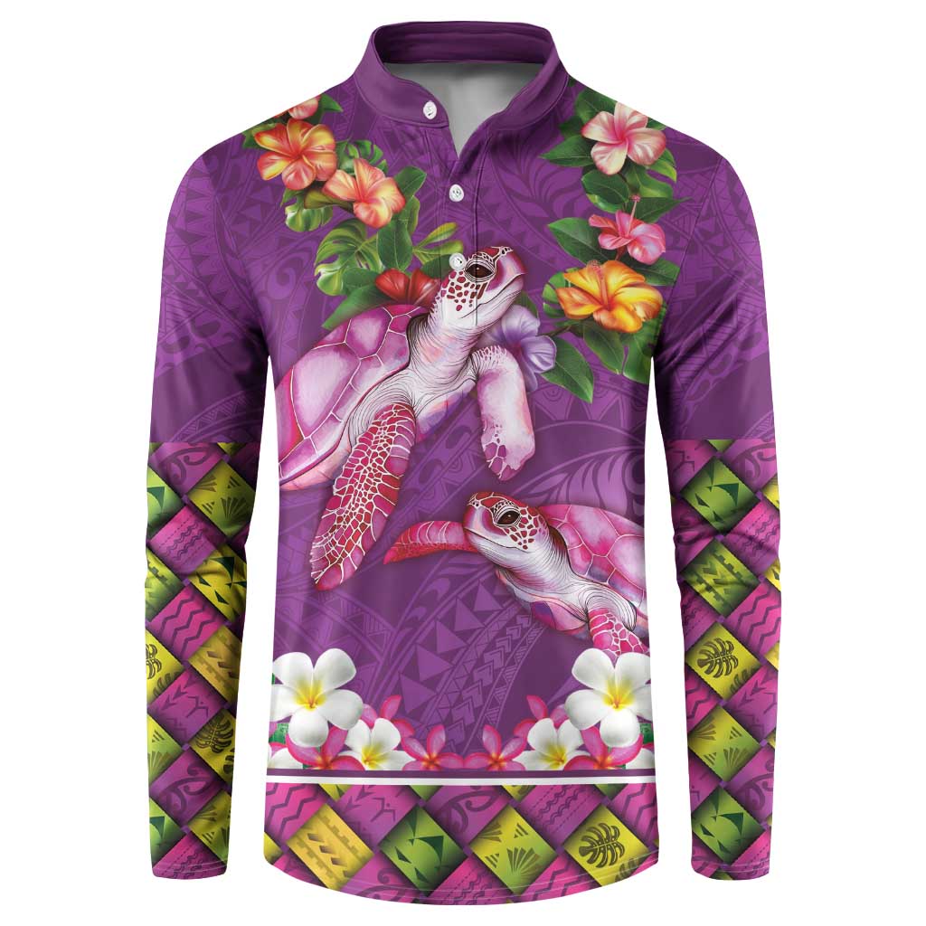 Hawaiian Lei Turtle and Plumeria Button Sweatshirt Polynerian Art Tattoo-Mauve Color