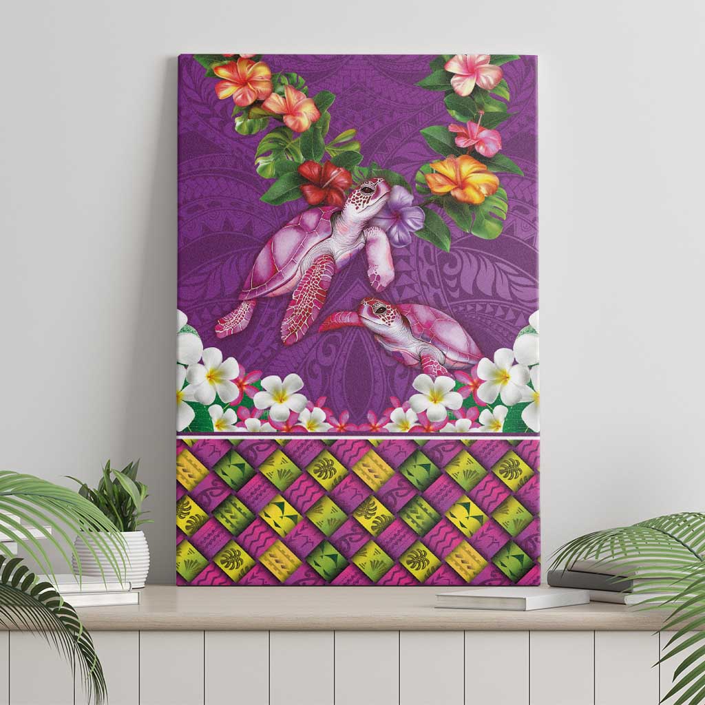 Hawaiian Lei Turtle and Plumeria Canvas Wall Art Polynerian Art Tattoo-Mauve Color
