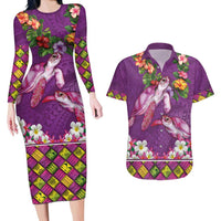 Hawaiian Lei Turtle and Plumeria Couples Matching Long Sleeve Bodycon Dress and Hawaiian Shirt Polynerian Art Tattoo-Mauve Color