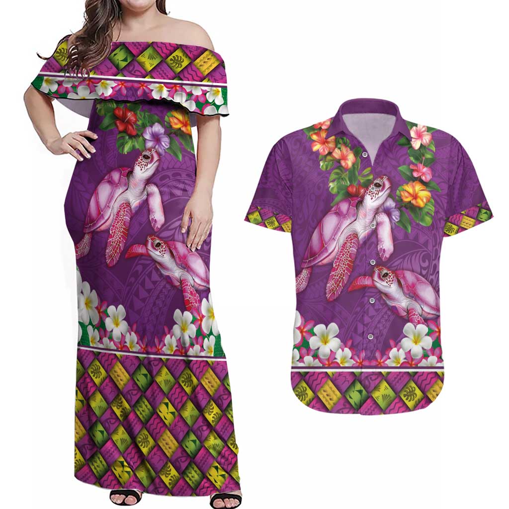 Hawaiian Lei Turtle and Plumeria Couples Matching Off Shoulder Maxi Dress and Hawaiian Shirt Polynerian Art Tattoo-Mauve Color