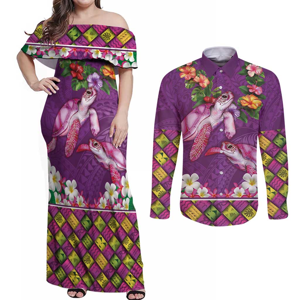 Hawaiian Lei Turtle and Plumeria Couples Matching Off Shoulder Maxi Dress and Long Sleeve Button Shirt Polynerian Art Tattoo-Mauve Color