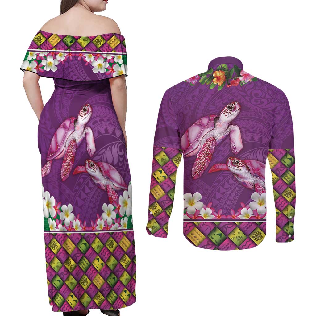 Hawaiian Lei Turtle and Plumeria Couples Matching Off Shoulder Maxi Dress and Long Sleeve Button Shirt Polynerian Art Tattoo-Mauve Color