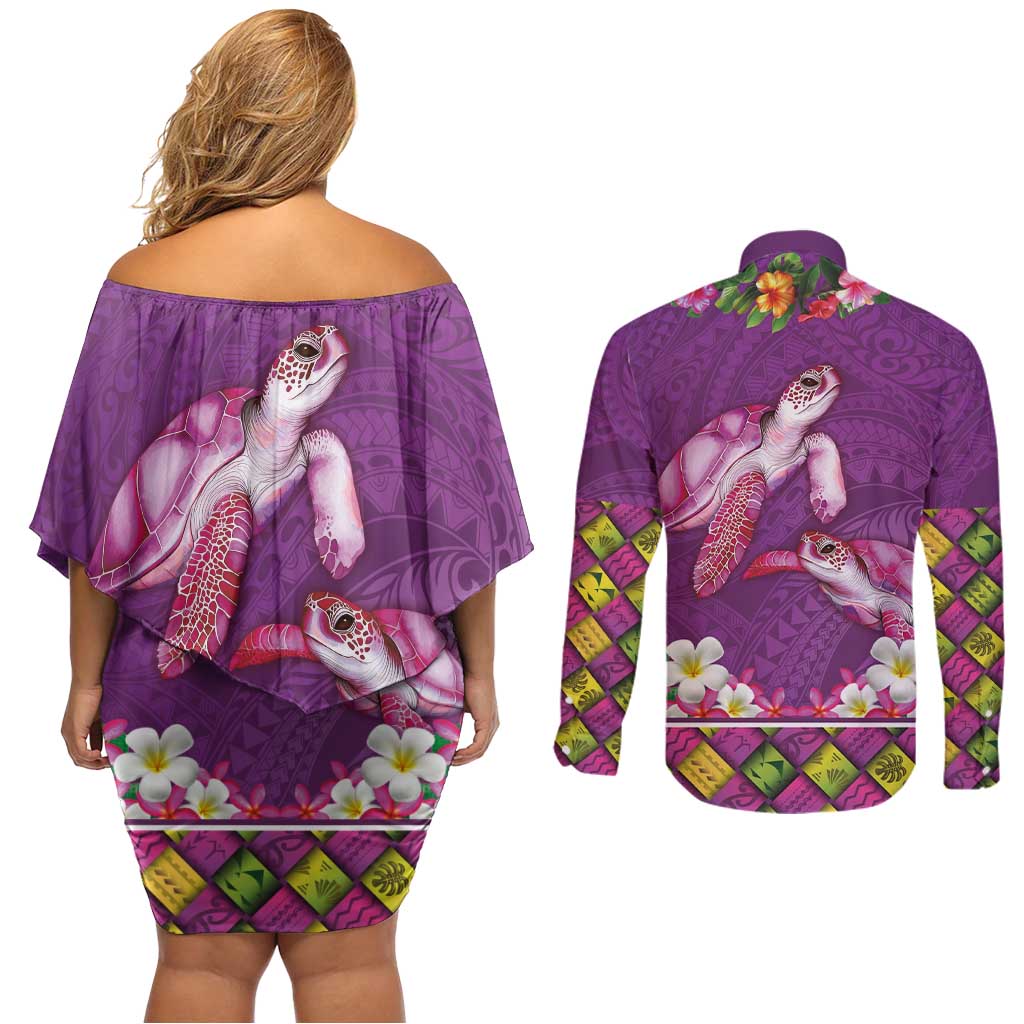 Hawaiian Lei Turtle and Plumeria Couples Matching Off Shoulder Short Dress and Long Sleeve Button Shirt Polynerian Art Tattoo-Mauve Color