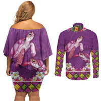 Hawaiian Lei Turtle and Plumeria Couples Matching Off Shoulder Short Dress and Long Sleeve Button Shirt Polynerian Art Tattoo-Mauve Color