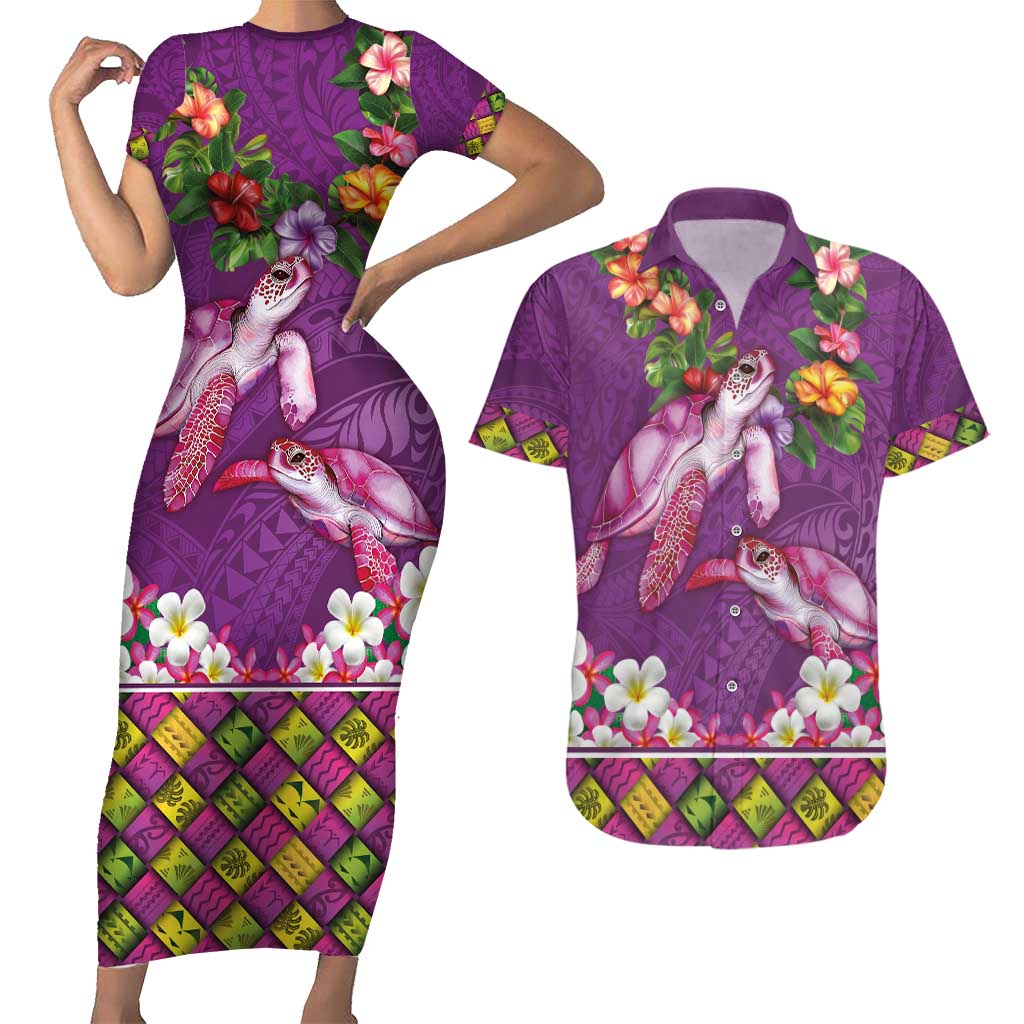 Hawaiian Lei Turtle and Plumeria Couples Matching Short Sleeve Bodycon Dress and Hawaiian Shirt Polynerian Art Tattoo-Mauve Color