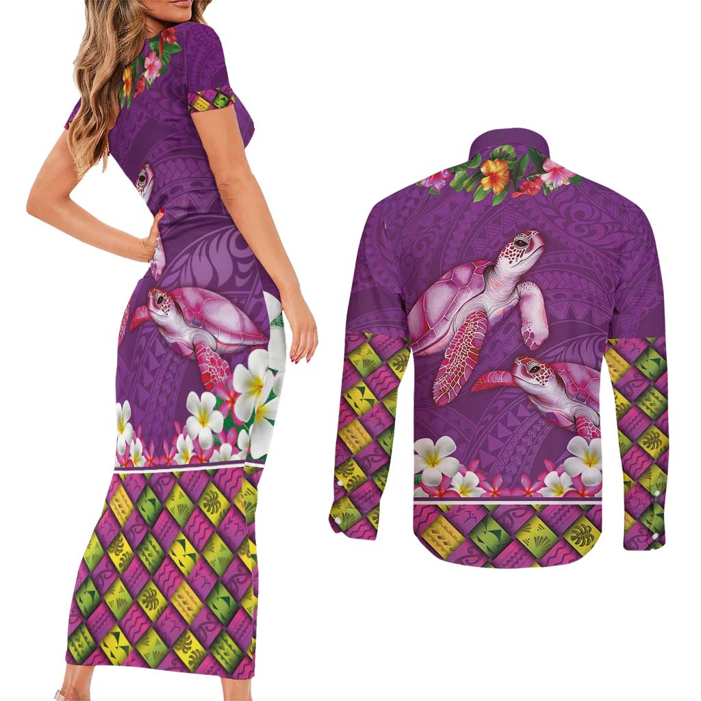 Hawaiian Lei Turtle and Plumeria Couples Matching Short Sleeve Bodycon Dress and Long Sleeve Button Shirt Polynerian Art Tattoo-Mauve Color