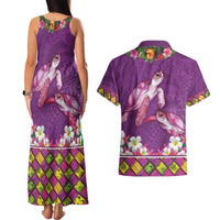 Hawaiian Lei Turtle and Plumeria Couples Matching Tank Maxi Dress and Hawaiian Shirt Polynerian Art Tattoo-Mauve Color