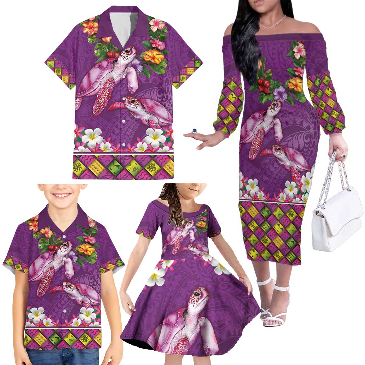 Hawaiian Lei Turtle and Plumeria Family Matching Off The Shoulder Long Sleeve Dress and Hawaiian Shirt Polynerian Art Tattoo-Mauve Color