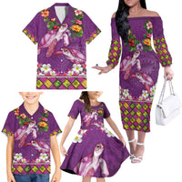 Hawaiian Lei Turtle and Plumeria Family Matching Off The Shoulder Long Sleeve Dress and Hawaiian Shirt Polynerian Art Tattoo-Mauve Color