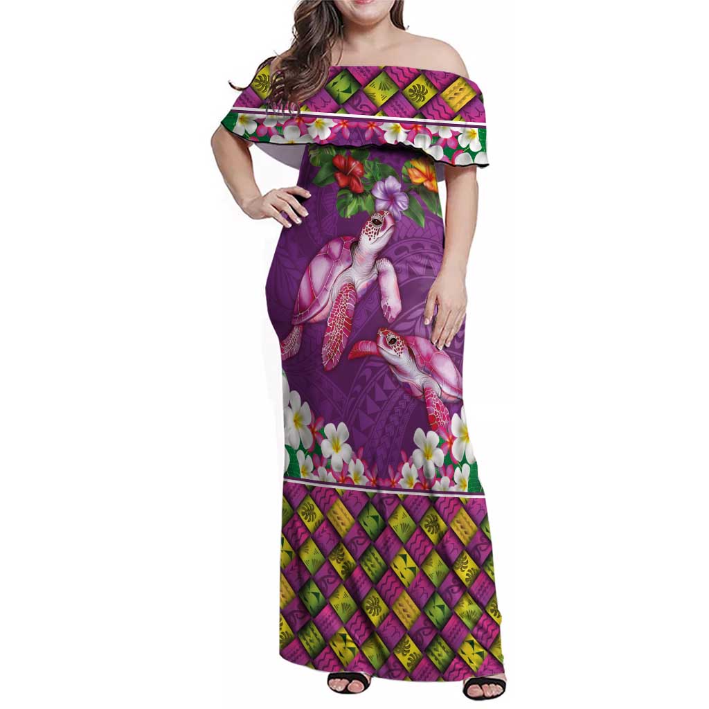 Hawaiian Lei Turtle and Plumeria Family Matching Off Shoulder Maxi Dress and Hawaiian Shirt Polynerian Art Tattoo-Mauve Color