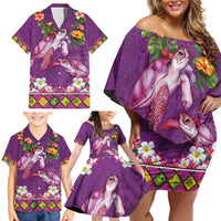 Hawaiian Lei Turtle and Plumeria Family Matching Off Shoulder Short Dress and Hawaiian Shirt Polynerian Art Tattoo-Mauve Color