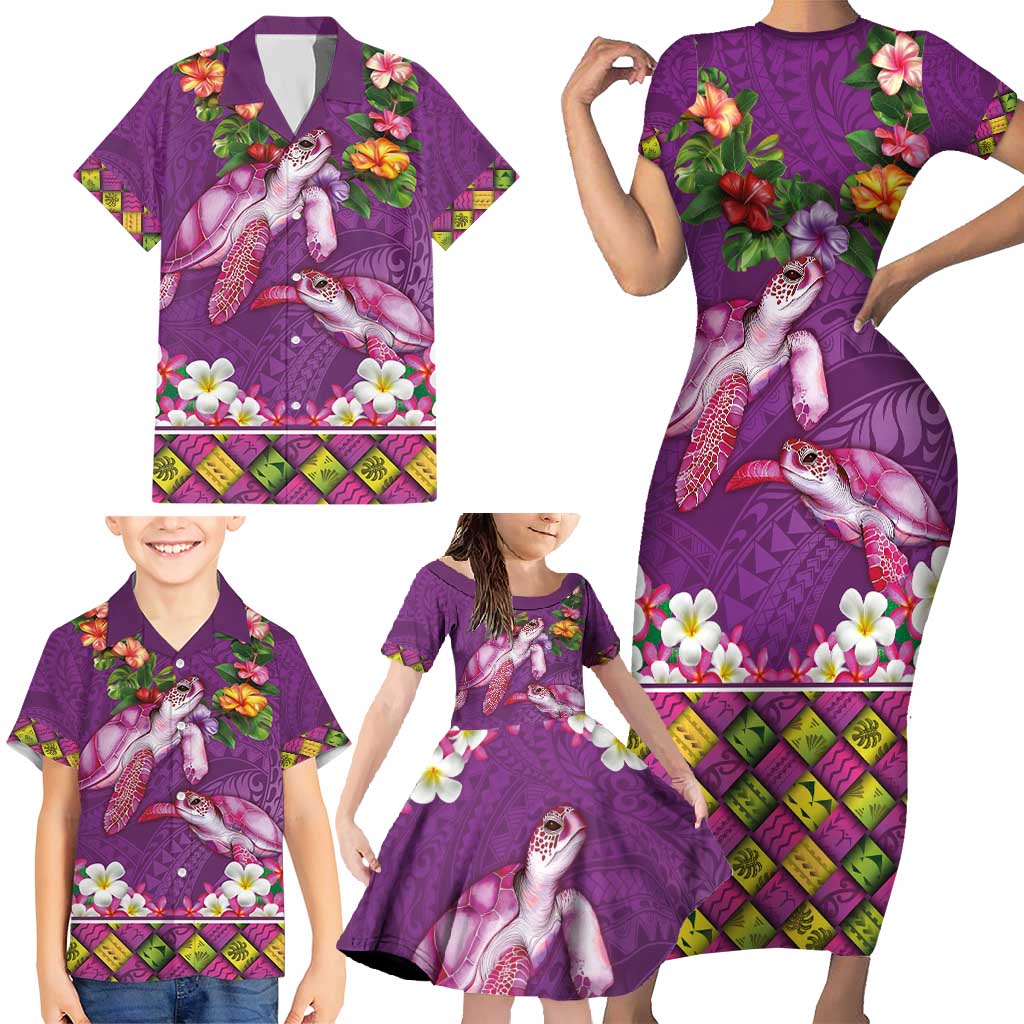 Hawaiian Lei Turtle and Plumeria Family Matching Short Sleeve Bodycon Dress and Hawaiian Shirt Polynerian Art Tattoo-Mauve Color