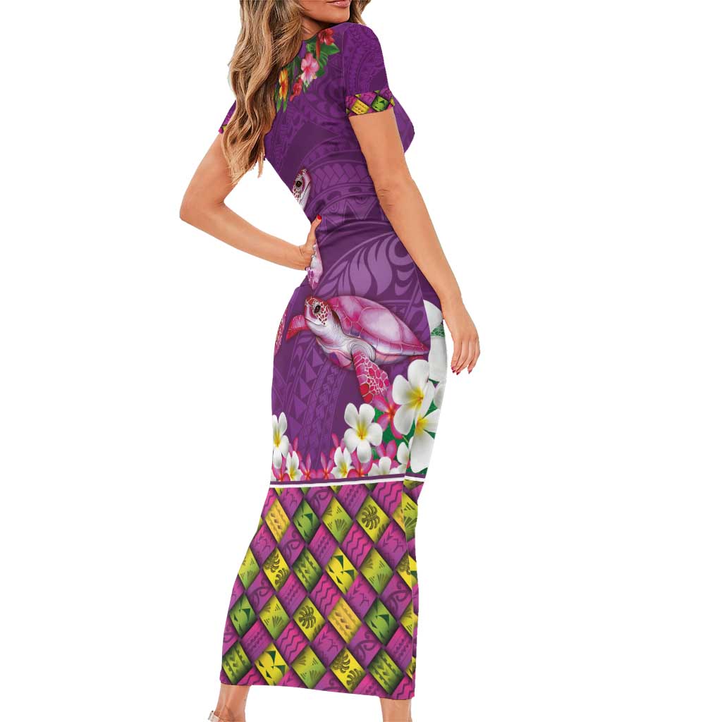 Hawaiian Lei Turtle and Plumeria Family Matching Short Sleeve Bodycon Dress and Hawaiian Shirt Polynerian Art Tattoo-Mauve Color