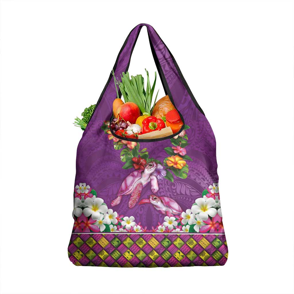 Hawaiian Lei Turtle and Plumeria Grocery Bag Polynerian Art Tattoo-Mauve Color