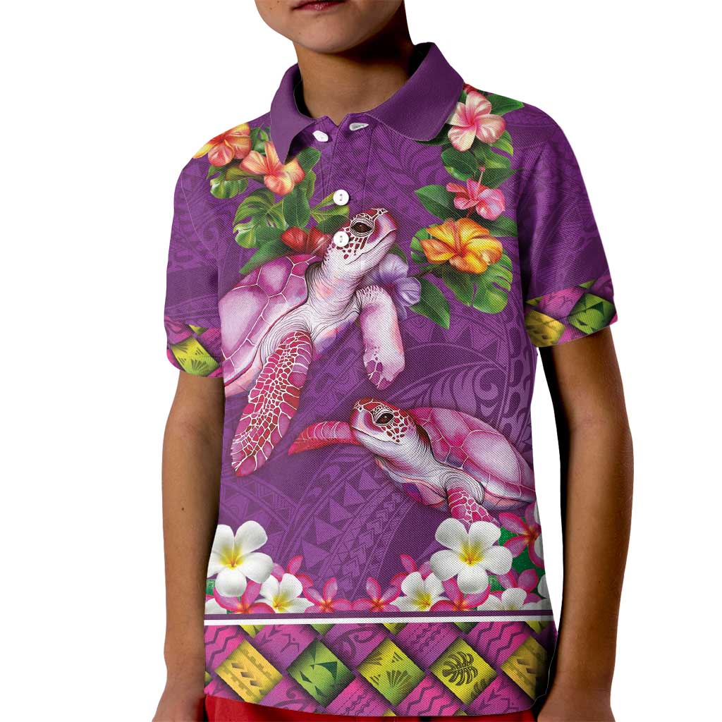Hawaiian Lei Turtle and Plumeria Kid Polo Shirt Polynerian Art Tattoo-Mauve Color