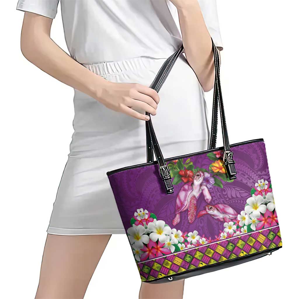 Hawaiian Lei Turtle and Plumeria Leather Tote Bag Polynerian Art Tattoo-Mauve Color