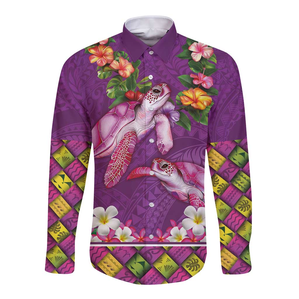 Hawaiian Lei Turtle and Plumeria Long Sleeve Button Shirt Polynerian Art Tattoo-Mauve Color