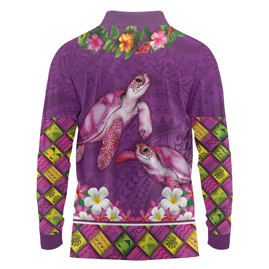 Hawaiian Lei Turtle and Plumeria Long Sleeve Polo Shirt Polynerian Art Tattoo-Mauve Color