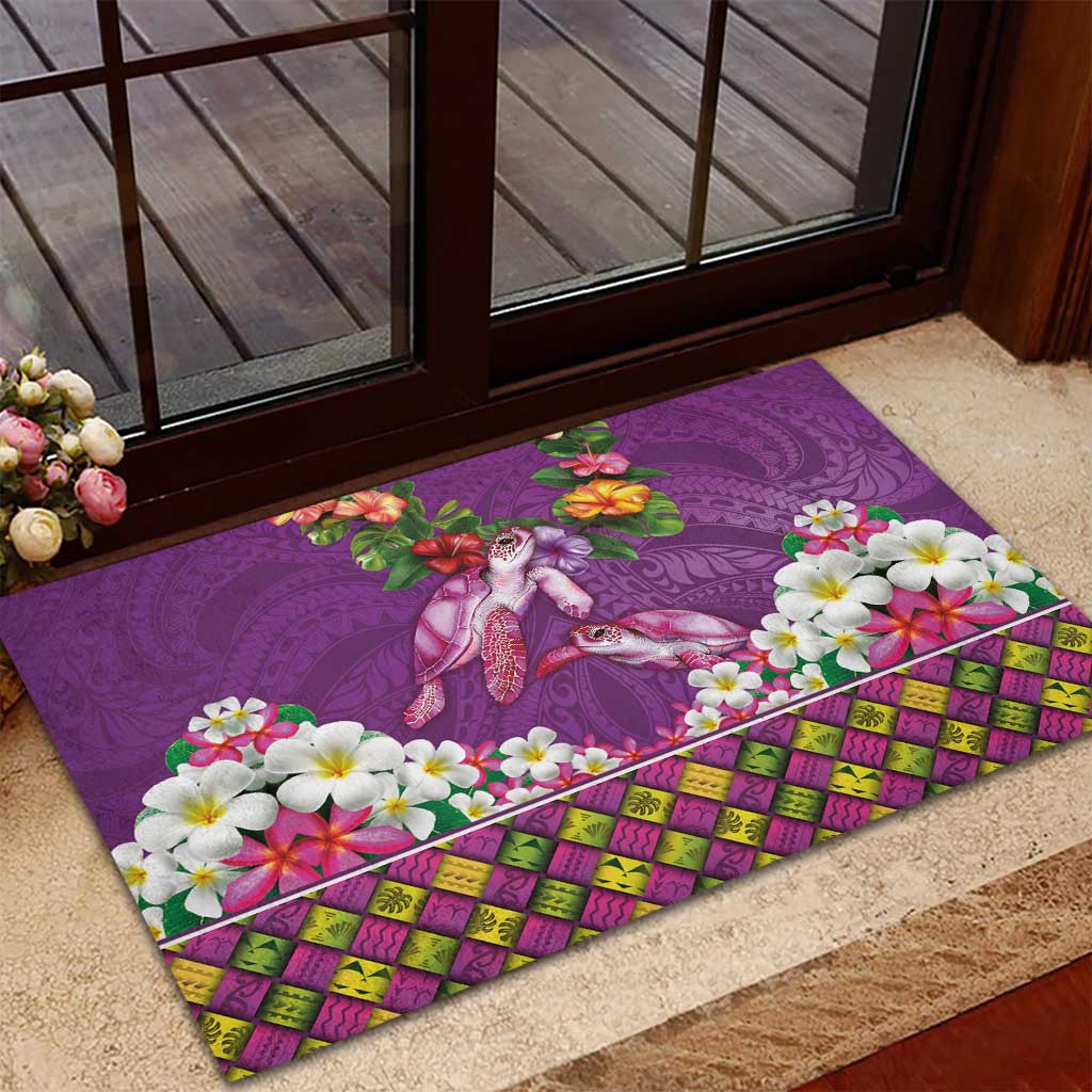 Hawaiian Lei Turtle and Plumeria Rubber Doormat Polynerian Art Tattoo-Mauve Color