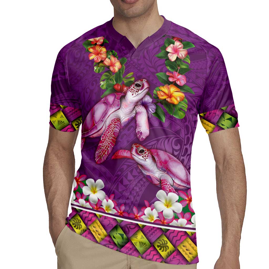 Hawaiian Lei Turtle and Plumeria Rugby Jersey Polynerian Art Tattoo-Mauve Color