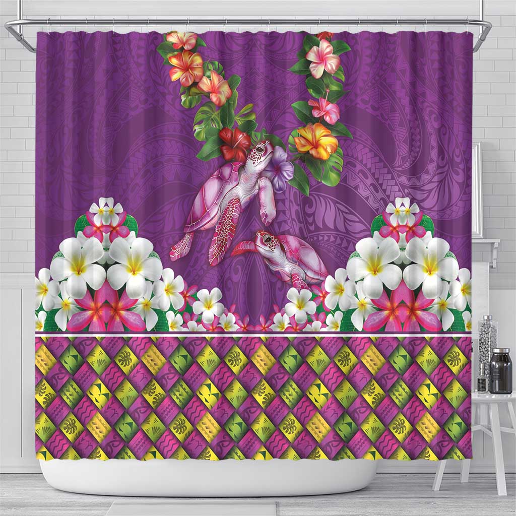 Hawaiian Lei Turtle and Plumeria Shower Curtain Polynerian Art Tattoo-Mauve Color
