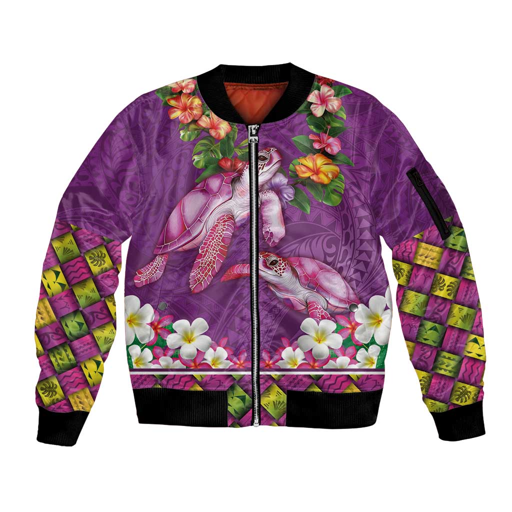 Hawaiian Lei Turtle and Plumeria Sleeve Zip Bomber Jacket Polynerian Art Tattoo-Mauve Color