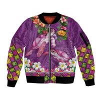 Hawaiian Lei Turtle and Plumeria Sleeve Zip Bomber Jacket Polynerian Art Tattoo-Mauve Color