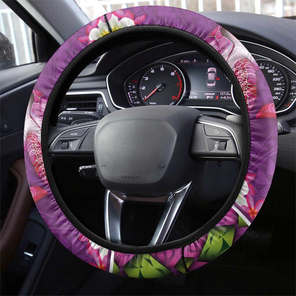 Hawaiian Lei Turtle and Plumeria Steering Wheel Cover Polynerian Art Tattoo-Mauve Color