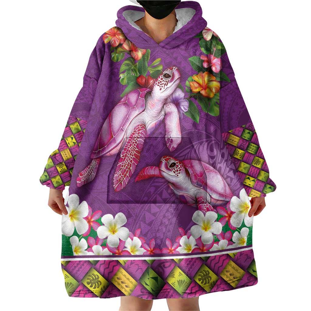 Hawaiian Lei Turtle and Plumeria Wearable Blanket Hoodie Polynerian Art Tattoo-Mauve Color