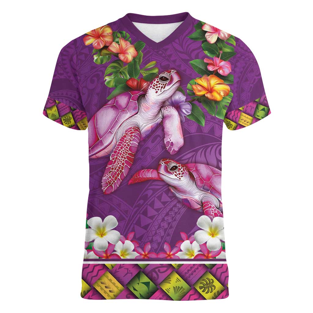 Hawaiian Lei Turtle and Plumeria Women V-Neck T-Shirt Polynerian Art Tattoo-Mauve Color
