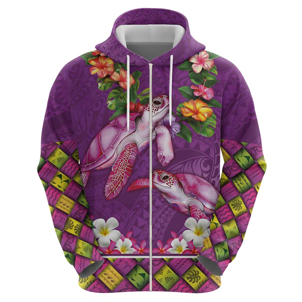 Hawaiian Lei Turtle and Plumeria Zip Hoodie Polynerian Art Tattoo-Mauve Color