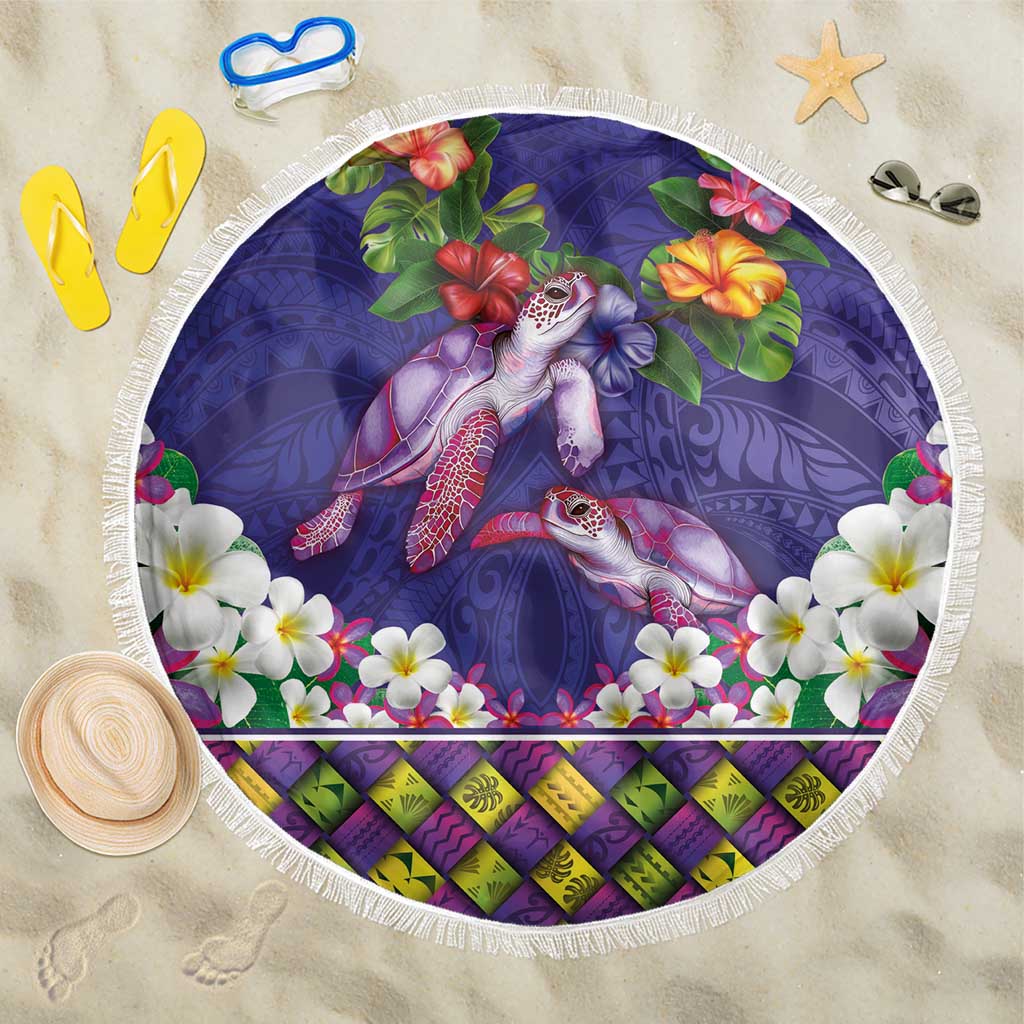 Hawaiian Lei Turtle and Plumeria Beach Blanket Polynerian Art Tattoo-Navy Color