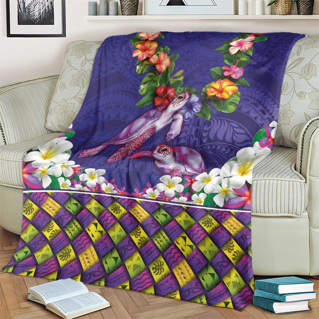 Hawaiian Lei Turtle and Plumeria Blanket Polynerian Art Tattoo-Navy Color