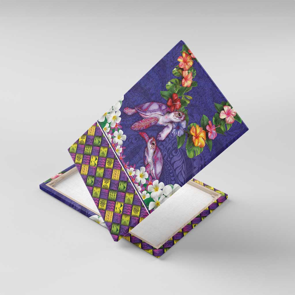 Hawaiian Lei Turtle and Plumeria Canvas Wall Art Polynerian Art Tattoo-Navy Color