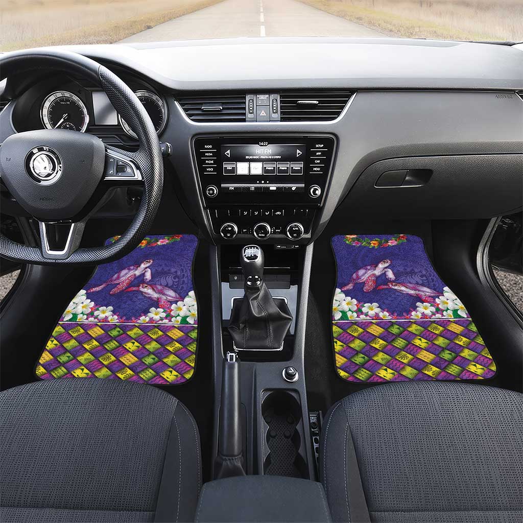 Hawaiian Lei Turtle and Plumeria Car Mats Polynerian Art Tattoo-Navy Color