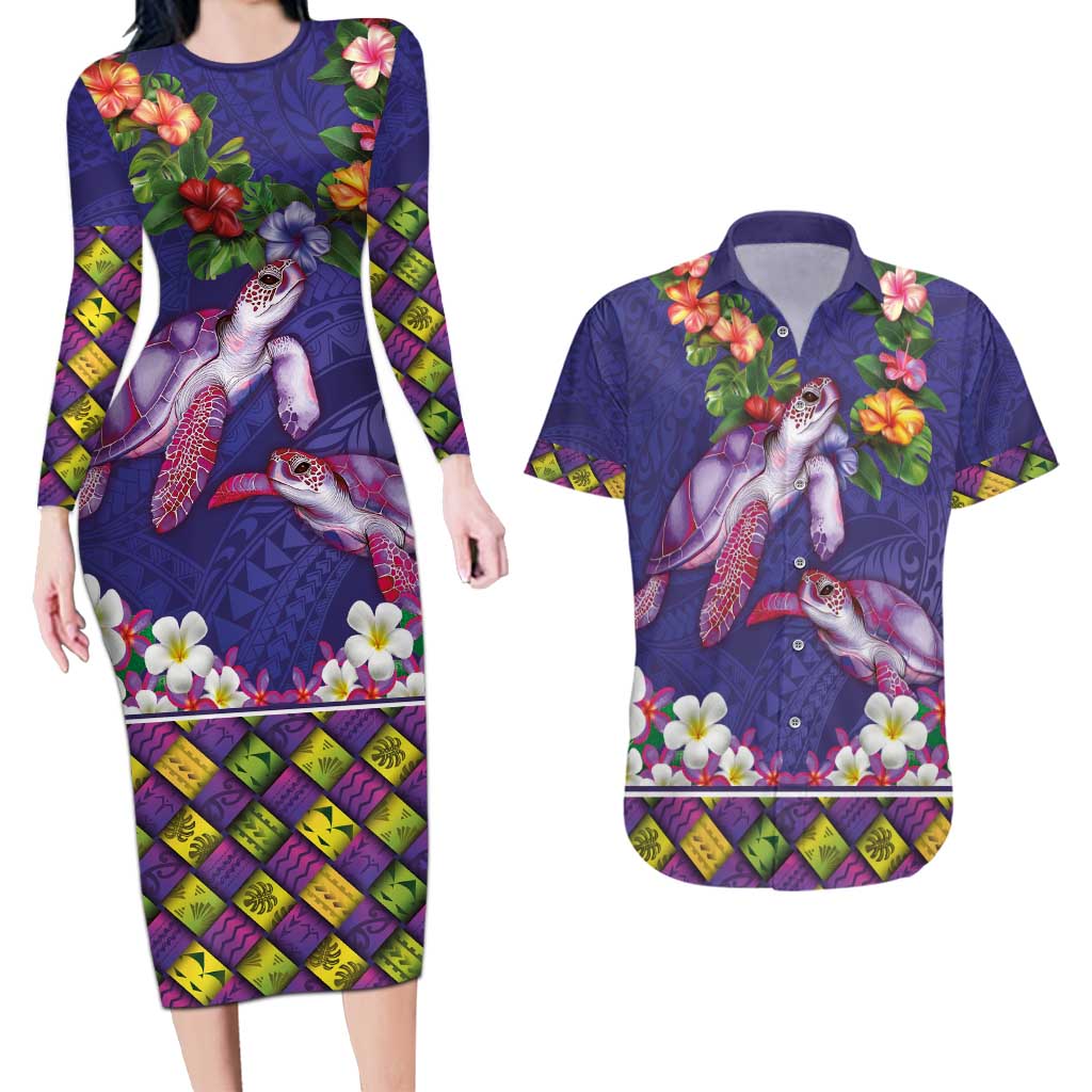 Hawaiian Lei Turtle and Plumeria Couples Matching Long Sleeve Bodycon Dress and Hawaiian Shirt Polynerian Art Tattoo-Navy Color