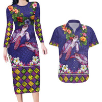 Hawaiian Lei Turtle and Plumeria Couples Matching Long Sleeve Bodycon Dress and Hawaiian Shirt Polynerian Art Tattoo-Navy Color