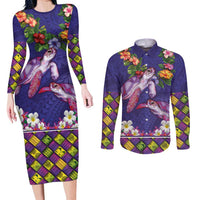 Hawaiian Lei Turtle and Plumeria Couples Matching Long Sleeve Bodycon Dress and Long Sleeve Button Shirt Polynerian Art Tattoo-Navy Color