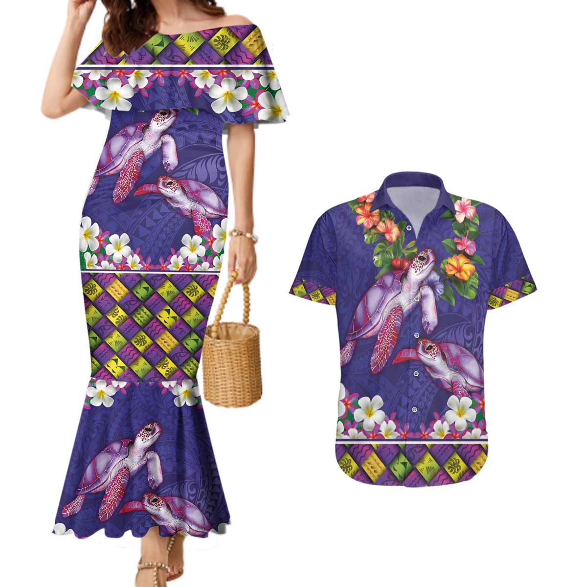 Hawaiian Lei Turtle and Plumeria Couples Matching Mermaid Dress and Hawaiian Shirt Polynerian Art Tattoo-Navy Color