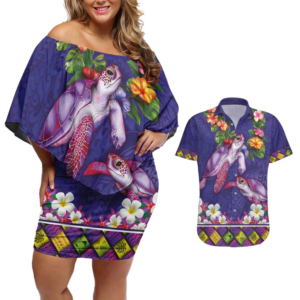 Hawaiian Lei Turtle and Plumeria Couples Matching Off Shoulder Short Dress and Hawaiian Shirt Polynerian Art Tattoo-Navy Color