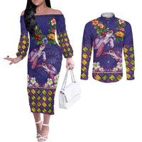 Hawaiian Lei Turtle and Plumeria Couples Matching Off The Shoulder Long Sleeve Dress and Long Sleeve Button Shirt Polynerian Art Tattoo-Navy Color