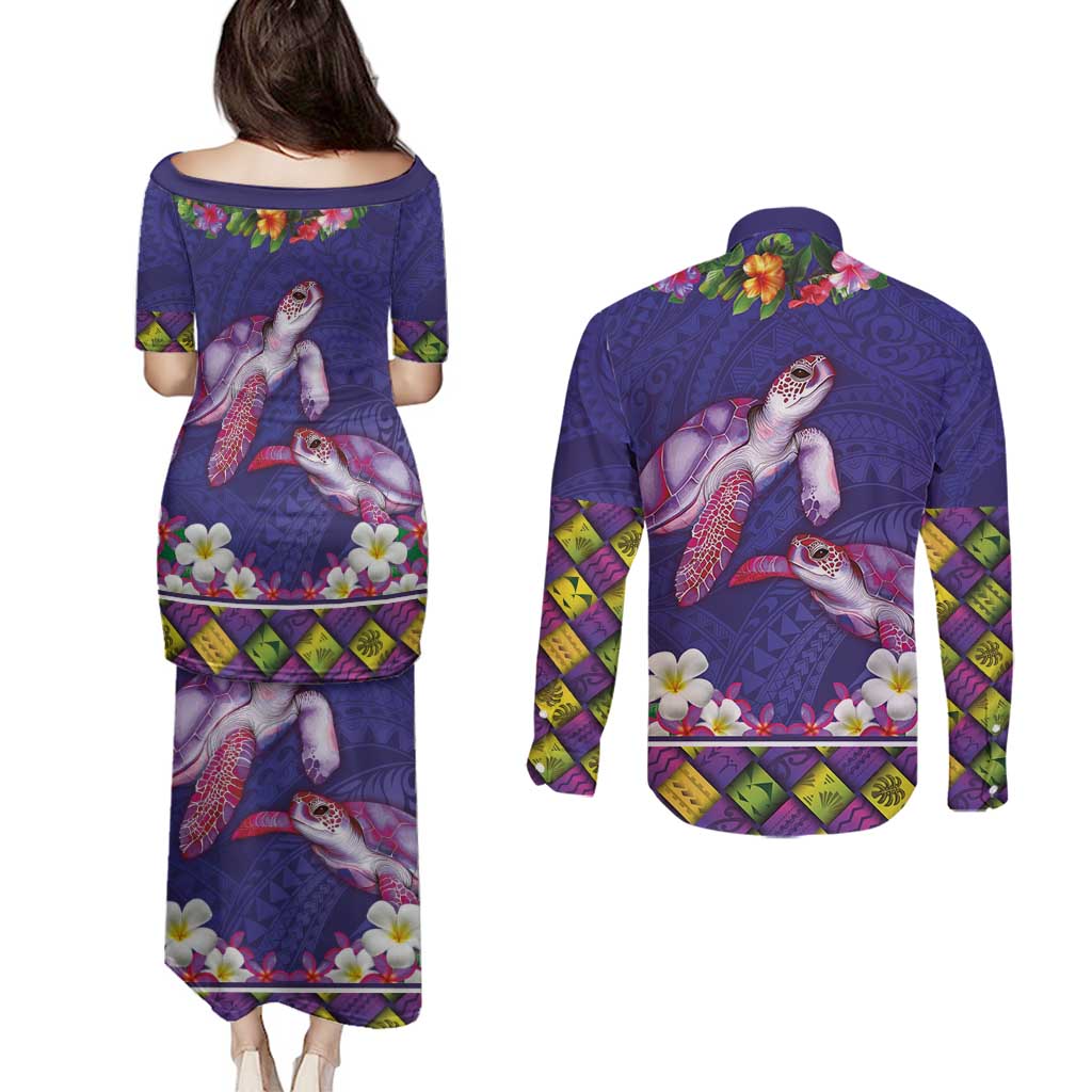 Hawaiian Lei Turtle and Plumeria Couples Matching Puletasi and Long Sleeve Button Shirt Polynerian Art Tattoo-Navy Color