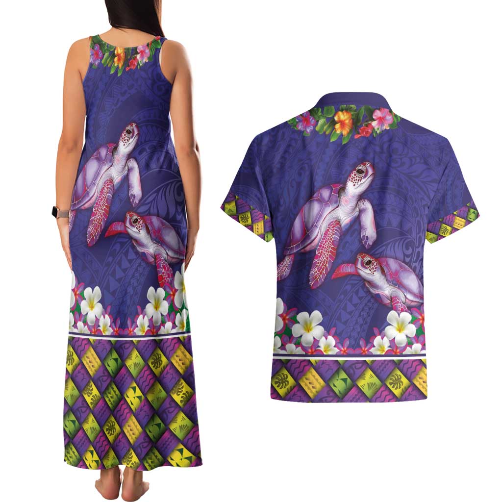 Hawaiian Lei Turtle and Plumeria Couples Matching Tank Maxi Dress and Hawaiian Shirt Polynerian Art Tattoo-Navy Color