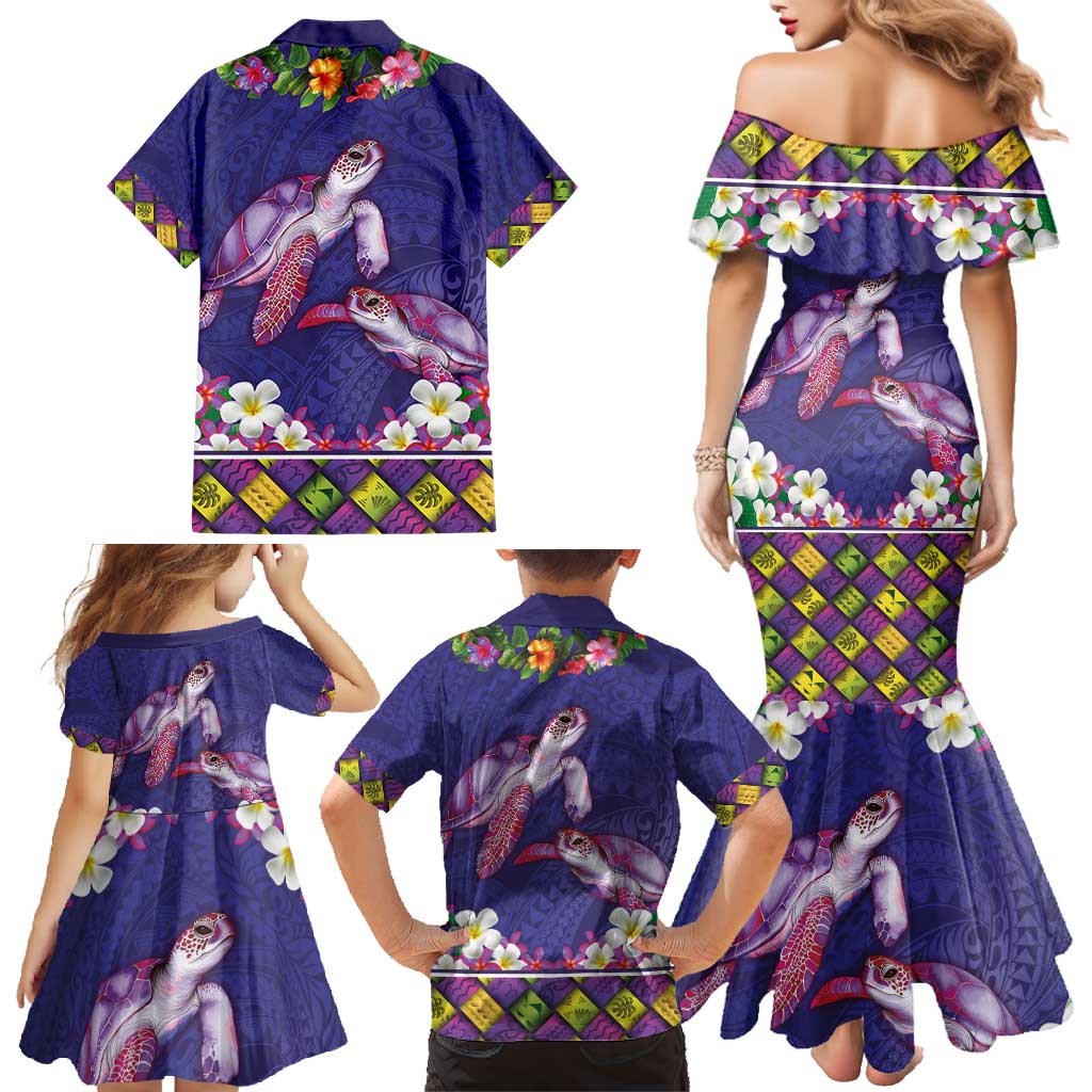 Hawaiian Lei Turtle and Plumeria Family Matching Mermaid Dress and Hawaiian Shirt Polynerian Art Tattoo-Navy Color