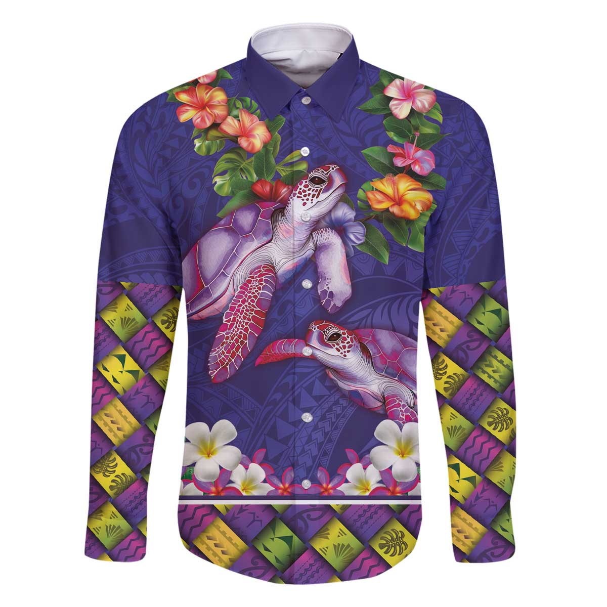 Hawaiian Lei Turtle and Plumeria Family Matching Off The Shoulder Long Sleeve Dress and Hawaiian Shirt Polynerian Art Tattoo-Navy Color